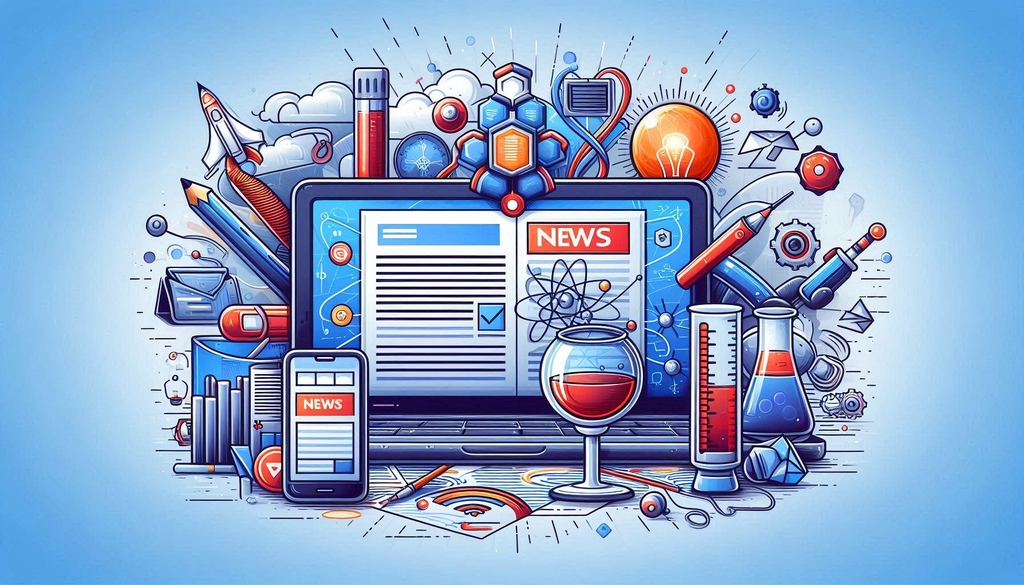 Laptop und Smartphone mit News, umgeben von wissenschaftlichen und technischen Symbolen.